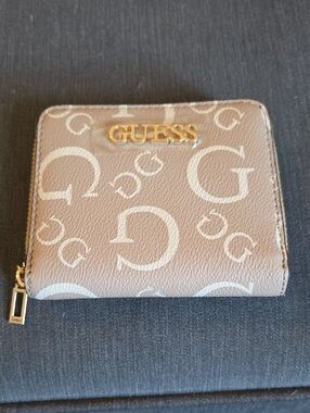 GUESS Taupe Monogram Zip Wallet with Gold Logo